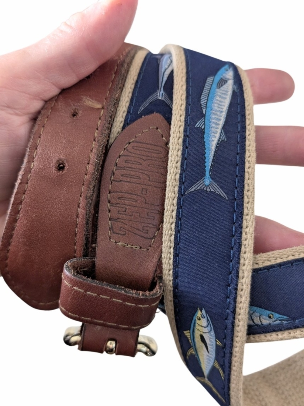 Zep-Pro Leather Canvas Fish Ribbon Belt Solid Brass Buckle USA Size 40